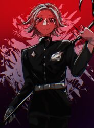  1boy aotsuki_eito belt black_jacket black_pants bright_pupils commentary cowboy_shot eyelashes gakuran glasses gloves gradient_background grey_eyes grey_hair highres holding holding_weapon hole_in_chest hole_on_body jacket last_defense_academy_school_uniform looking_at_viewer male_focus pants planemo red_background school_uniform short_hair smile solo the_hundred_line_-last_defense_academy- untranslatable_commentary weapon white_belt white_gloves white_pupils 
