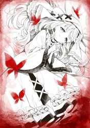  1girl bib_collar bug butterfly closed_mouth commentary_request cross cross-laced_clothes cross-laced_dress cross_earrings cross_ornament dress earrings frilled_dress frilled_sleeves frills highres hikami_meruru jewelry layered_dress long_hair long_sleeves looking_at_viewer mahou_shoujo_no_majo_saiban own_hands_clasped own_hands_together partially_colored priestess red_butterfly smile solo tearing_up uchino_maiko veil wide_sleeves 