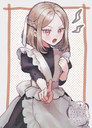  1girl absurdres apron artist_name blush braid brown_eyes brown_hair commentary frilled_apron frills half_up_braid highres index_finger_raised juliet_sleeves kimi_no_koto_ga_dai_dai_dai_dai_daisuki_na_100-nin_no_kanojo lightning_bolt_symbol long_sleeves looking_at_viewer maid maid_apron medium_hair meido_mai open_mouth parted_lips puffy_sleeves simple_background solo twitter_username untranslatable_commentary v-shaped_eyebrows veil white_apron zarame_niboshi 