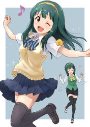 1girl :d ;d absurdres aged_down baby_animal bird black_shoes black_thighhighs blue_bow blue_bowtie blue_skirt border bow bowtie brown_eyes chick collared_shirt commentary_request dancing eighth_note floating_hair green_hair green_vest grey_background hairband highres idolmaster idolmaster_(classic) long_hair looking_at_viewer miniskirt mole mole_under_mouth multiple_views musical_note noborinosato one_eye_closed open_mouth otonashi_kotori outside_border pencil_skirt pleated_skirt school_uniform shirt shoes short_skirt skirt smile sparkle standing standing_on_one_leg striped_bow striped_bowtie striped_clothes sweater_vest thigh-highs vest white_border white_shirt yellow_bow yellow_bowtie yellow_hairband yellow_sweater_vest