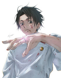  1boy absurdres black_eyes black_hair blood blood_on_clothes blood_on_face blood_on_hand buttons commentary_request expressionless from_below highres jacket jewelry jujutsu_kaisen kyonkyon71 looking_at_hand looking_down male_focus okkotsu_yuta ring short_hair signature simple_background solo upper_body white_background white_jacket 