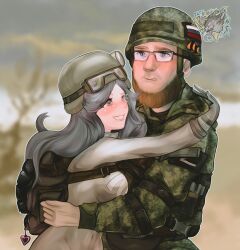  1boy 1girl absurdres backpack bag beard belt blue_hair blush body_armor breasts camouflage camouflage_helmet camouflage_jacket camouflage_pants chest_belt collared_dress commissioner_insert dianazawer dress eyewear_on_headwear facial_hair goggles goggles_on_headwear green_belt grey_bag grey_dress grin heart heart_in_eye heart_on_cheek heart_pendant helmet highres hug jacket kamaz-chan lipgloss long_hair medium_breasts military military_uniform original pants real_life real_life_insert roman_rublev russo-ukrainian_war smile symbol_in_eye very_long_hair z_(russian_symbol) 