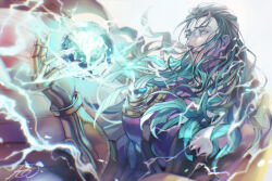  1boy black_hair bodysuit commentary_request electricity electrokinesis energy_ball fate/grand_order fate_(series) gradient_background green_eyes grey_background highres long_hair male_focus mtkg_05 nikola_tesla_(fate) open_mouth purple_bodysuit signature solo 