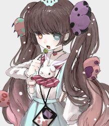  +_- 1girl aqua_skirt black_hair candy chupa_chups commentary_request food gamo_tako hair_ornament heterochromia highres holding holding_candy holding_food jewelry long_hair magical_girl mahou_shoujo_ikusei_keikaku mahou_shoujo_ikusei_keikaku_aces nakano_sorami necklace open_mouth sailor_collar school_uniform skirt suspender_skirt suspenders twintails 