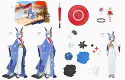  +_+ 1girl architecture azur_lane black_flower black_rose blue_flower blue_hair blue_kimono blue_rose blue_streaks east_asian_architecture flower gascogne_(azur_lane) gascogne_(traveling_mood_mechanism)_(azur_lane) highres holding holding_umbrella hukahire0120 japanese_clothes kimono long_sleeves looking_at_viewer mechanical_ears multicolored_hair multiple_views official_alternate_costume oil-paper_umbrella reference_sheet rose short_hair streaked_hair umbrella wide_sleeves yellow_eyes 