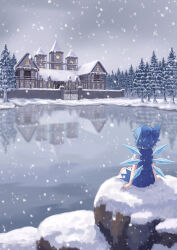  1girl absurdres blue_bow blue_dress blue_hair bow building cirno collared_shirt commentary_request detached_wings dress hair_bow highres ice ice_wings lake misty_lake outdoors piaoluo_de_ying_huaban pinafore_dress puffy_short_sleeves puffy_sleeves scarlet_devil_mansion shirt short_sleeves sleeveless sleeveless_dress snow snowing solo touhou tree white_shirt wings winter 