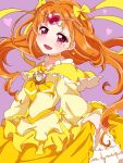 1girl bow brooch choker circlet cure_muse_(yellow) earrings female frills hair_bow heart jewelry long_hair looking_at_viewer magical_girl orange_hair precure purin_(purin0) purple_background red_eyes shirabe_ako skirt smile solo suite_precure yellow_bow yellow_skirt 