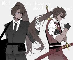  2boys 8ight belt black_belt black_jacket black_necktie brown_hair collared_shirt commentary_request cowboy_shot dark-skinned_male dark_skin dual_persona english_text full-stop_office_(identity)_(project_moon) heathcliff_(project_moon) high_ponytail highres holding_another's_hair jacket lapels limbus_company long_hair low_ponytail multiple_boys necktie notched_lapels pants ponytail pouch project_moon red_necktie red_pants red_vest shirt thumb_(identity)_(project_moon) very_long_hair vest white_shirt 