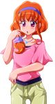  1girl :o asahina_kyouko_(mahou_girls_precure!) blush brown_hair hair_over_shoulder hairband looking_at_viewer mahou_girls_precure! pants pink_shirt precure shirt shishinon short_hair solo violet_eyes white_background 