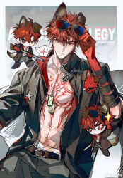  3boys abs absurdres adjusting_eyewear anger_vein animal_ears bandaged_arm bandages belt black_coat body_markings chibi chinese_commentary closed_mouth coat commentary_request dog_boy dog_ears dog_tags dog_tail eyewear_on_head grey_pants gun highres holding holding_gun holding_weapon injury jewelry male_focus medium_hair multiple_boys multiple_necklaces multiple_persona necklace open_clothes open_coat original pants red_eyes red_hair solo_focus tail tianxiaoye_ansel.s weapon 