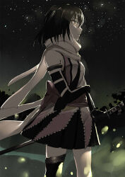  1girl breasts brown_eyes closed_mouth commentary dark from_side gloves hair_between_eyes highres holding holding_sword holding_weapon hunter.g kantai_collection neckerchief night outdoors pleated_skirt profile scarf sendai_(kancolle) sendai_kai_ni_(kancolle) sheath sheathed single_thighhigh skirt sky small_breasts solo star_(sky) starry_sky sword thigh-highs weapon 