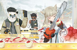  1girl 2boys andre_(arknights) anglediana animal_ears arknights arknights:_endfield bird_boy bird_ears bird_girl black_gloves chinese_commentary commentary_request dress gloves grey_hair highres jacket long_hair meme multicolored_gloves multiple_boys owl_boy perlica's_peeled_apple_(meme) perlica_(arknights) two-sided_gloves two-tone_gloves white_dress white_jacket yellow_gloves 
