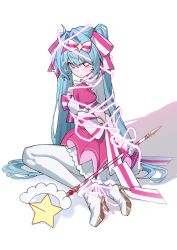  1girl blue_hair boots bow bowtie commentary dress entangled gloves hair_bow hairband hatsune_miku high_heel_boots high_heels highres holding holding_wand ima_sugu_rinne_(vocaloid) long_hair looking_at_viewer mage_staff magical_girl mnemo_(mnemorikriyairo) pink_bow pink_dress pink_hairband puffy_sleeves solo staff star-shaped_pupils star_(symbol) star_wand striped_bow striped_bowtie striped_clothes symbol-shaped_pupils thigh_boots twintails untranslatable_commentary very_long_hair vocaloid wand white_background white_gloves 