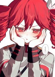  1girl commentary_request drill_hair grey_jacket hand_on_own_cheek hand_on_own_face highres jacket kasane_teto kasane_teto_(sv) looking_at_viewer musical_staff musical_staff_print puffy_cheeks red_hair red_trim ribbon shoulder_belt shoulder_boards solo speech_bubble synthesizer_v triple_baka_(group) twin_drills ussame v-shaped_eyebrows white_ribbon 