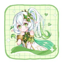  1girl bare_shoulders blush bracelet commentary_request cross-shaped_pupils detached_sleeves dress genshin_impact gold_trim green_eyes green_hair green_sleeves hair_between_eyes hair_ornament hand_up jewelry leaf_hair_ornament long_hair looking_at_viewer multicolored_hair nahida_(genshin_impact) parted_lips pointy_ears side_ponytail sleeveless sleeveless_dress solo symbol-shaped_pupils upper_body white_dress white_hair yutukicom 