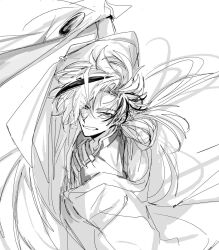  1boy arm_up bishounen commentary fate/grand_order fate_(series) floating_hair from_above greyscale grin hair_over_one_eye highres holding japanese_clothes kimono long_hair long_sleeves looking_at_viewer low_ponytail male_focus monochrome multicolored_hair ponytail simple_background sketch smile solo streaked_hair takasugi_shinsaku_(fate) teeth tyoookozuki upper_body white_background wide_sleeves 