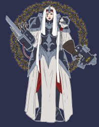 1girl adepta_sororitas armor bolt_pistol bolter clawed_gauntlets commentary english_commentary facial_tattoo fleur-de-lis full_body gun headdress highres holding holding_gun holding_weapon looking_at_viewer original pauldrons power_armor purity_seal short_hair shoulder_armor solo tattoo violet_eyes warhammer_40k weapon xxorimexx 