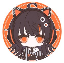  1girl ahoge animal_ear_headphones animal_ears black_hair black_sweater border cat_ear_headphones cat_ears chibi chibi_only choker copyright_notice eyeball_hair_ornament fake_animal_ears hair_ornament headphones highres looking_at_viewer mahou_shoujo_no_majo_saiban multicolored_hair no_mouth non-web_source off-shoulder_sweater off_shoulder official_art orange_eyes orange_streaks profile_picture round_border sawatari_coco shirt single_bare_shoulder solo streaked_hair striped_sleeves sweater white_shirt 