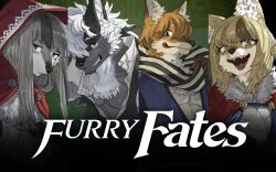  2boys 2girls abs animal_ears black_vest blousquidly blue_shirt cloak closed_mouth cross_scar fangs fire_emblem fire_emblem_fates fox_boy fox_ears fox_girl furrification furry furry_female furry_male gloves grey_gloves grin highres hood hooded_cloak kaden_(fire_emblem) keaton_(fire_emblem) looking_at_viewer multiple_boys multiple_girls muscular muscular_male open_mouth pectorals red_cloak scar scar_on_cheek scar_on_face scarf selkie_(fire_emblem) shirt smile upper_body velouria_(fire_emblem) vest white_shirt wolf_boy wolf_ears wolf_girl 