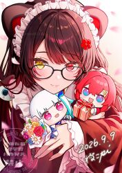  3girls :3 :d absurdres ange_katrina animal_ears bespectacled birthday black-framed_eyewear blue_eyes blue_flower blue_hair blush bouquet box brown_hair brown_kimono chibi closed_mouth commentary_request crossed_arms dated dog_ears dog_hair_ornament eyelashes flower frills gift gift_box glasses hair_flower hair_ornament heterochromia highres holding holding_bouquet holding_gift holding_mini_person inui_toko inui_toko_(1st_costume) japanese_clothes kimono lips lize_helesta long_hair looking_at_viewer looking_over_eyewear maid_headdress mini_person minigirl multicolored_hair multiple_girls nekopi1111 nijisanji no_pupils nose_blush open_mouth orange_flower purple_flower red_eyes red_flower red_hair sanbaka_(nijisanji) signature sleeves_past_wrists smile streaked_hair triangle_hair_ornament twitter_username two-tone_hair violet_eyes virtual_youtuber watermark white_flower white_hair yellow_eyes yellow_flower 