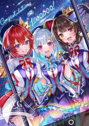  3girls :d absurdres animal_ears animal_on_shoulder arm_up bad_source beret bird bird_on_shoulder black_gloves blue_eyes blue_hair blue_hat blue_ribbon blue_shorts blue_skirt blush braid breasts brown_hair cellphone colored_inner_hair commentary_request congratulations contrast_lapels crossed_bangs crown_hat_ornament dog_ears dog_hair_ornament english_commentary english_text eyelashes flower frilled_skirt frills gloves gradient_eyes grey_hair grin group_picture hair_between_eyes hair_flower hair_intakes hair_ornament hand_up hat heterochromia highres holding holding_phone idol_clothes inui_toko jacket lapels leg_ribbon legwear_garter lips lize_helesta long_hair looking_at_viewer medium_breasts medium_hair milestone_celebration miniskirt mixed-language_commentary multicolored_eyes multicolored_hair multiple_girls multiple_thigh_straps neck_ribbon nekopi1111 nijisanji open_mouth phone red_eyes red_hair red_ribbon ribbon sanbaka_(nijisanji) sanbaka_anniversary_outfit sebastian_piyodore shooting_star short_sleeves shorts single_hair_intake skirt small_breasts smartphone smile star_(sky) streaked_hair taking_picture tassel teeth thigh-highs thigh_ribbon thigh_strap triangle_hair_ornament two-tone_hair upper_teeth_only v violet_eyes virtual_youtuber watermark white_jacket white_wrist_cuffs wrist_cuffs wrist_ribbon yellow_bird yellow_eyes 