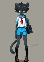  1boy :< animal_ear_fluff animal_ears animal_nose arm_at_side bag belt black_bag black_belt black_fur black_hair black_socks blue_sailor_collar blue_shorts brown_shoes closed_mouth commentary_request full_body furry furry_male hair_between_eyes highres holding_strap jitome kneehighs loafers looking_at_viewer male_focus neckerchief netiel orange_eyes original panther_boy panther_ears panther_tail red_neckerchief sailor_collar sailor_shirt school_bag school_uniform shirt shoes short_hair short_sleeves shorts signature socks solo standing straight-on tail white_shirt 