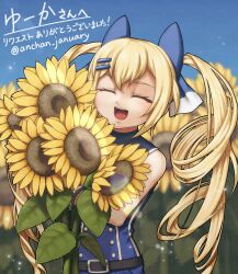  1girl anchan_january baseball_uniform belt black_belt blonde_hair blue_bow blue_shirt bow cinderella_series closed_eyes commentary_request commission drill_hair field flower flower_field hachigatsu_no_cinderella_nine hair_bow hair_ornament hairclip highres holding holding_flower kosaka_tsubaki kougetsu_baseball_uniform long_hair open_mouth outdoors second-party_source shirt skeb_commission sleeveless sleeveless_shirt smile solo sportswear sunflower sunflower_field teeth translation_request twin_drills twitter_username upper_body upper_teeth_only 