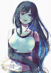  1girl bare_shoulders black_gloves black_hair black_sports_bra breasts closed_mouth collarbone commentary_request crop_top elbow_gloves final_fantasy final_fantasy_vii final_fantasy_vii_remake gloves highres large_breasts lips long_hair looking_at_viewer midriff navel red_eyes red_lips runa_(ren_rainfall) simple_background solo sports_bra tank_top tifa_lockhart upper_body white_background white_tank_top 