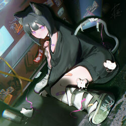  1girl animal_ear_fluff animal_ears bandaid bandaid_on_leg bandaid_on_thigh black_hair black_nails black_sweater can cat_ears cat_tail ear_piercing from_above full_body highres mouse_(animal) original outdoors piercing ribbon riz3 short_hair sitting solo sweater tail tail_ornament tail_ribbon vending_machine violet_eyes 