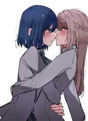  2girls absurdres blue_eyes blue_hair blush braid brown_eyes brown_hair closed_mouth collared_shirt commentary_request free_ism grey_jacket half_up_braid hand_on_another's_waist highres hug jacket korean_commentary medium_hair miyagi_shiori multiple_girls sendai_hazuki shirt shuuniichido_classmate_wo_kau_hanashi simple_background white_background white_shirt yuri 