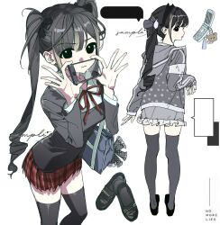  1girl bag black_eyes black_hair black_thighhighs cellphone colored_skin full_body highres huizi0001 long_hair long_sleeves multiple_costumes multiple_views original phone pleated_skirt red_ribbon red_skin ribbon school_uniform shoulder_bag skirt thigh-highs twintails upper_body 