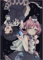 2girls absurdres black_hair blue_gem bluebell_candy cape closed_mouth commentary_request detached_sleeves fur_cape gamo_tako gem green_eyes hair_ornament hat highres lapis_lazuline magical_girl mahou_shoujo_ikusei_keikaku mahou_shoujo_ikusei_keikaku_aces mahou_shoujo_ikusei_keikaku_restart multiple_girls open_mouth pink_hair short_hair smile tail 