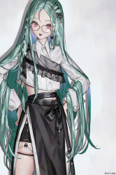  1girl aqua_hair black_bow black_skirt bow buttons collared_shirt commentary cowboy_shot front_slit glasses hair_bow hair_ornament hairclip heart_button heart_ornament highres korean_commentary long_hair long_skirt long_sleeves looking_at_viewer midriff_peek open_mouth original oto1_030 parallel_hairclips parted_bangs red_eyes shadow shirt simple_background skindentation skirt solo thigh_strap very_long_hair white_background white_shirt x_hair_ornament 