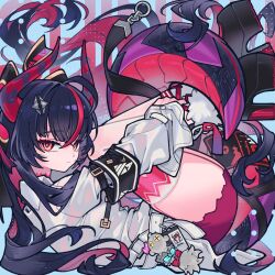  armband belt black_armband black_hair black_shoes charm_(object) commentary dragon_tail hair_ornament hairclip high_heels highres horns hugging_own_legs id_card knees_to_chest looking_at_viewer lying minjye on_back original red_eyes shoes stuck_in_a_box tail untranslatable_commentary 