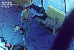  2boys absurdres ace_attorney animal aqua_shirt aquarium baby_animal backwards_hat baggy_pants barefoot baseball_cap belt belt_buckle big_hair bird black_belt black_eyes blue_hat blue_jacket blue_mask blue_pants boots bucket buckle character_request clothes_around_waist cobblestone commentary_request denim from_above grey_boots grey_hair grey_shirt hand_in_own_hair hat herman_crab highres holding holding_bucket indoors jacket jacket_around_waist jeans knee_up korean_commentary korean_text lab_coat lapels long_sleeves lying male_focus mask messy_hair multiple_boys name_tag notched_lapels on_back pants penguin penguin_chick phoenix_wright:_ace_attorney_-_dual_destinies rubber_boots saman_zero7 school_of_fish shirt short_hair short_sleeves sleep_mask sleeping stethoscope_around_neck surprised t-shirt translation_request treasure_chest walking wide-eyed window wristband 