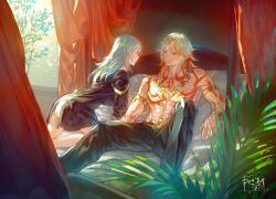  1boy 1girl abs arm_tattoo armlet bed belt blonde_hair blue_gem commission commissioner_upload curtains earrings gem gradient_hair grey_hair honkai:_star_rail honkai_(series) jewelry multicolored_hair mydei_(honkai:_star_rail) necklace pants pectorals plant shoulder_tattoo single_earring stelle_(honkai:_star_rail) sunlight t_misaomaru tattoo trailblazer_(honkai:_star_rail) tree 