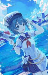  1girl blue_eyes blue_hair blue_sky bow bracelet chain clouds dress gold_chain hand_to_head hat highres holding holding_water_gun jewelry kiritani_haruka neckerchief neu_33 ocean outdoors project_sekai red_neckerchief ribbon rope sailor_collar sailor_dress sailor_hat salute short_hair sky smile water water_gun white_bow 