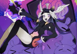  1girl absurdres black_dress black_hair blunt_bangs brain crossed_legs crown dress english_commentary feathered_wings gloves glowstick gradient_hair head_wings highres holding holding_glowstick hololive hololive_english long_hair long_sleeves looking_at_viewer lying_on_another multicolored_hair ninomae_ina'nis oniiyanna open_mouth pointy_ears polka_dot_gloves purple_gloves purple_hair purple_hands sidelocks smile tako_takover_(ninomae_ina'nis) takodachi_(ninomae_ina'nis) tentacle_hair violet_eyes virtual_youtuber white_wings wings 
