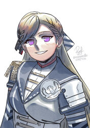  1girl anchor_ornament badge bearn_(kancolle) blonde_hair braid commentary dated epaulettes grey_sailor_collar hair_ribbon half_up_braid highres kantai_collection long_hair looking_at_viewer military_uniform one-hour_drawing_challenge ribbon ron_(pixiv83091338) sailor_collar signature simple_background single_epaulette smile solo twitter_username upper_body violet_eyes whistle whistle_around_neck 