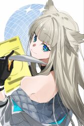  1girl animal_ears arknights arknights:_endfield backless_dress backless_outfit bare_shoulders bird_ears bird_girl blue_eyes commentary_request dress from_above gloves grey_hair halter_dress halterneck highres holding holding_wand holographic_monitor jacket long_hair looking_at_viewer looking_up multicolored_gloves off_shoulder perlica_(arknights) quilted_clothes solo two-sided_gloves two-tone_gloves upper_body wand white_dress white_jacket yakota_(usuk-yako) 