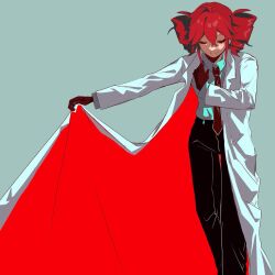  1girl black_gloves blue_shirt bowing closed_eyes coat collared_shirt colored_shadow commentary_request drill_hair gloves highres igaku_(utau) kasane_teto lab_coat necktie open_clothes open_coat red_hair shadow shirt simple_background solo twin_drills wwwrc2323 