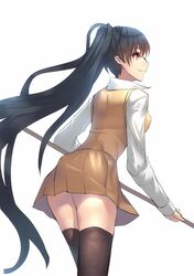  1girl black_hair black_legwear long_hair original pleated_skirt ponytail red_eyes simple_background skirt smile solo thigh-highs tianlluo white_background 