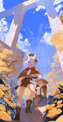  +_+ 2boys absurdres amonio1234 bishounen blue_eyes blue_sky boots bow bowtie building buttons capelet carrying clouds cloudy_sky flower full_body glasses gloves hair_between_eyes hat highres leaf long_sleeves looking_at_another male_focus multiple_boys one_eye_closed open_mouth original pants pink_hair shiny_skin shirt short_hair shorts sky smile stairs straw_hat teeth tongue tongue_out tree white_hair 
