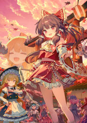 6+girls ainy apron ascot black_hat black_skirt black_vest blonde_hair blue_bow bow braid brown_hair brown_horns closed_eyes collared_shirt commentary_request detached_sleeves embellished_costume fairy fairy_wings frilled_bow frilled_hair_tubes frills fujiwara_no_mokou giant giantess gohei gourd grey_hair grin hair_bow hair_tubes hakurei_reimu hat hat_bow hata_no_kokoro highres holding holding_gohei holding_gourd horns houraisan_kaguya ibuki_suika izayoi_sakuya kirisame_marisa long_hair looking_at_viewer luna_child miniskirt moriya_suwako multiple_girls oni open_mouth orange_hair petticoat red_bow red_eyes red_skirt reitaisai remilia_scarlet ribbon-trimmed_sleeves ribbon_trim saigyouji_yuyuko shirt short_skirt side_braid single_braid skirt smile solo_focus star_sapphire sunny_milk touhou very_long_hair vest waist_apron white_apron white_bow white_shirt wings witch_hat yellow_ascot yellow_eyes