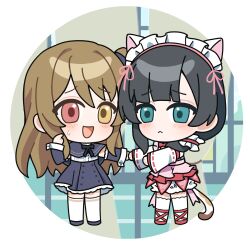  2girls :< :d absurdres animal_ears ankle_lace-up aqua_eyes assault_lily black_bow black_bowtie black_capelet black_hair black_ribbon black_shoes black_skirt blunt_bangs blush border bow bowtie brown_hair capelet cat_ears cat_tail chibi chibi_only commentary detached_sleeves dress eye_contact fake_animal_ears fake_tail finger_to_cheek frilled_hair_tubes frilled_hairband frills full_body hair_over_shoulder hair_ribbon hair_tubes hairband hands_up heterochromia high-waist_skirt highres holding_hands indoors kuo_shenlin layered_dress long_hair looking_at_another multiple_girls nervous_smile official_alternate_costume one_side_up outside_border outstretched_arm outstretched_arms pink_dress pink_ribbon raised_eyebrows red_eyes red_shoes ribbon ribbon-trimmed_sleeves ribbon_trim round_border school_uniform shoes short_sleeves skirt smile standing sweatdrop tail tangyuan_(pixiv_98433688) thigh-highs untranslatable_commentary wang_yujia white_border white_thighhighs window yellow_eyes yurigaoka_girls_academy_school_uniform 