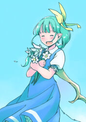  1girl ascot blue_skirt blue_vest bow closed_eyes collared_shirt commentary_request daiyousei facing_viewer fairy fairy_wings flower flower_request green_hair hair_bow holding holding_flower looking_at_viewer one_side_up open_mouth pointy_ears rangycrow shirt skirt smile solo touhou vest white_flower white_shirt wings yellow_ascot yellow_bow 
