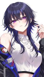  1girl absurdres bare_shoulders black_hair black_jacket blue_hair blue_streaks breasts commentary cropped_shirt crossed_bangs ear_piercing hair_between_eyes hand_in_own_hair highres ichinose_uruha ichinose_uruha_(4th_costume) jacket jacket_partially_removed long_hair looking_at_viewer medium_breasts midriff_peek multicolored_hair nail_polish off_shoulder open_clothes open_jacket parted_lips piercing sasamisable shirt simple_background sleeveless sleeveless_shirt solo streaked_hair untranslatable_commentary upper_body violet_eyes virtual_youtuber vspo! white_background white_shirt wolf_cut 