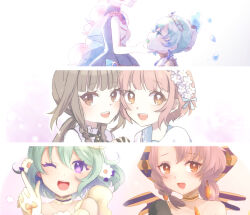  6+girls blue_eyes blue_hair bluebell_candy blush commentary_request double_finger_gun finger_gun flower green_hair grey_hair hair_flower hair_ornament highres la_pucelle_(mahoiku) long_hair magical_daisy magical_girl mahou_shoujo_ikusei_keikaku mahou_shoujo_ikusei_keikaku_aces mahou_shoujo_ikusei_keikaku_jokers mahou_shoujo_ikusei_keikaku_restart mahou_shoujo_ikusei_keikaku_unmarked multiple_girls one_eye_closed open_mouth orange_eyes pink_hair princess_deluge princess_quake red_eyes short_hair smile snow_white_(mahoiku) violet_eyes white_flower yunare 
