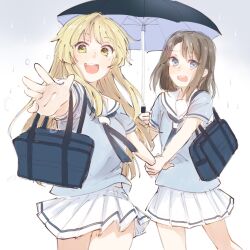  2girls :d bag bang_dream! bang_dream!_girls_band_party! black_hair blonde_hair blue_bag blue_eyes blue_neckerchief blue_shirt commentary_request cowboy_shot hair_ornament hairclip hanasakigawa_school_uniform highres holding holding_another's_wrist holding_umbrella looking_at_viewer miniskirt multiple_girls neckerchief okusawa_misaki open_mouth pleated_skirt reaching reaching_towards_viewer sailor_collar school_bag school_uniform shirt short_sleeves skirt smile succhii_(pikaru) summer_uniform tsurumaki_kokoro umbrella white_sailor_collar white_skirt yellow_eyes 