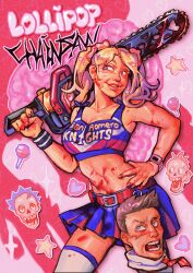  1boy 1girl absurdres belt blonde_hair blood blood_on_body blood_on_face blue_eyes breasts chainsaw cheerleader clothes_writing crims_(crimsss) crop_top disembodied_head hair_ornament highres lollipop_chainsaw miniskirt nail_polish navel red_belt skirt thigh-highs twintails 